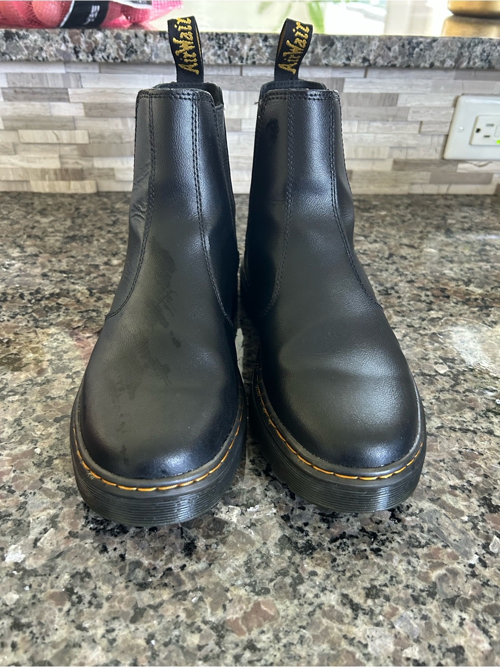 Dr. Martens Black Leather Chelsea Ankle Boots with Yellow Stitching